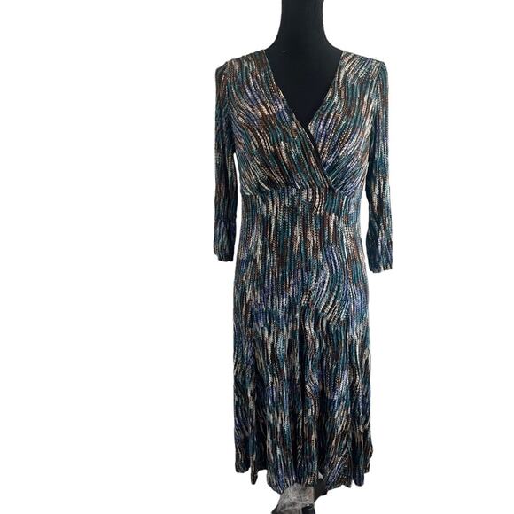 Karen Kane Faux Wrap Flare Dress Blue Jazz Stretch Patterned Large - Picture 1 of 9